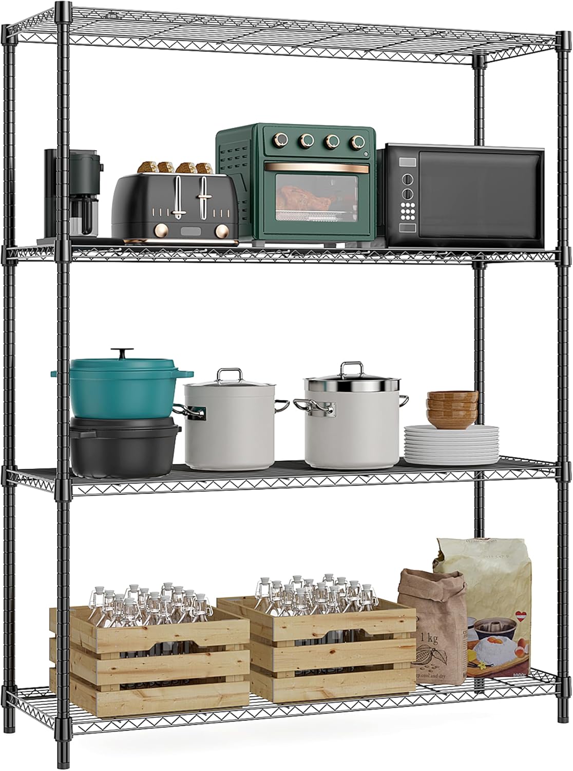 Regal mit 4 Etagen Metalldraht, Aufbewahrung Haushaltsregal, Organizer für Küche, Speisekammer, Schrank, Garage, Keller 635,6 Kg Maximale Tragkraft Schwarz 40 x 115 x 150,8 cm