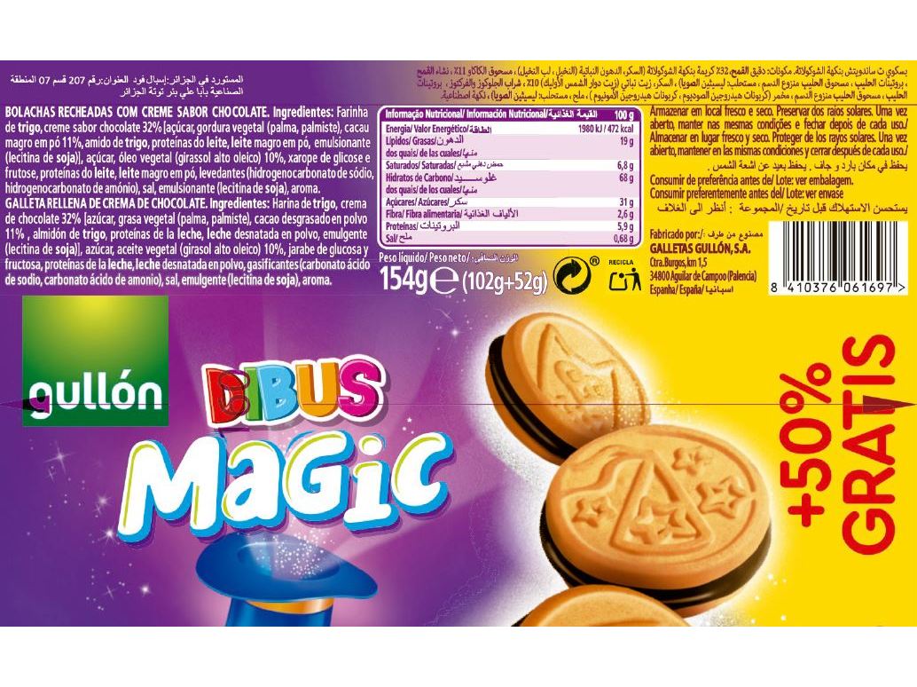BOLACHA RECHEADA GULLON DIBUS MAGIC 154 G