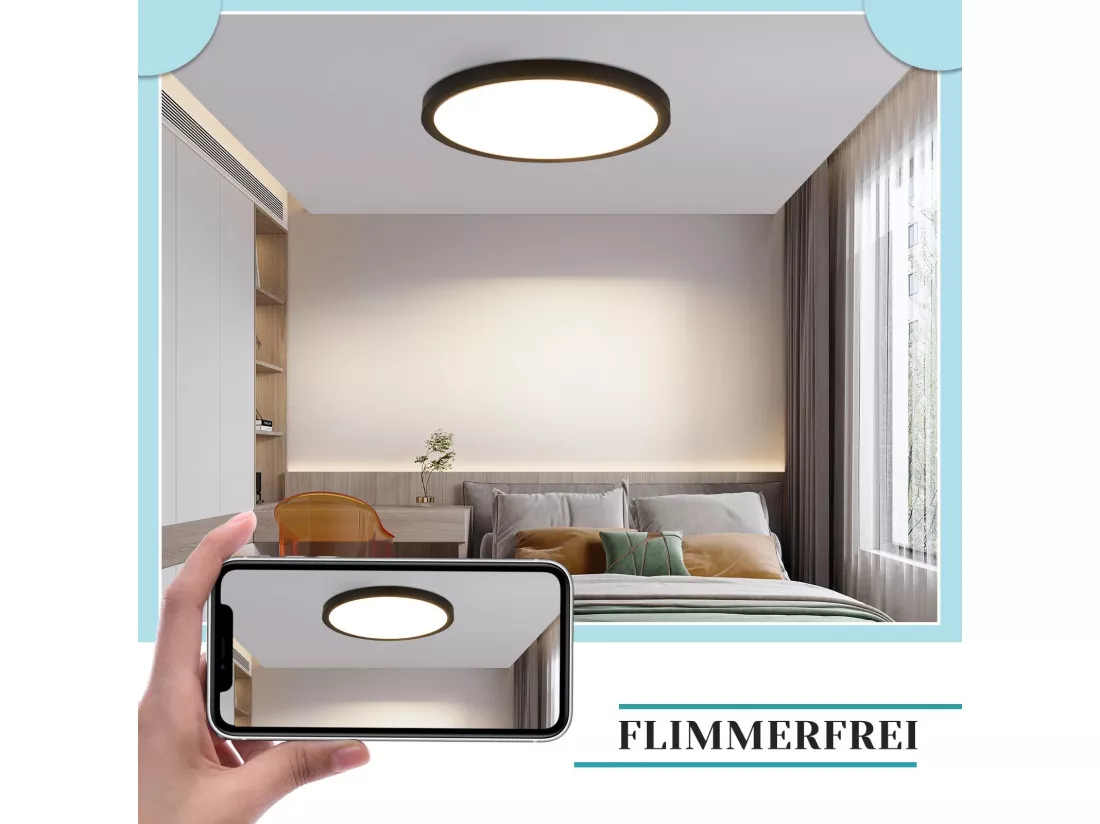 NETTLIFE Plafonnier LED Ø 30 cm - 24 W, Noir, 3000 K - Éclairage moderne cuisine, salle de bain, couloir, chambre