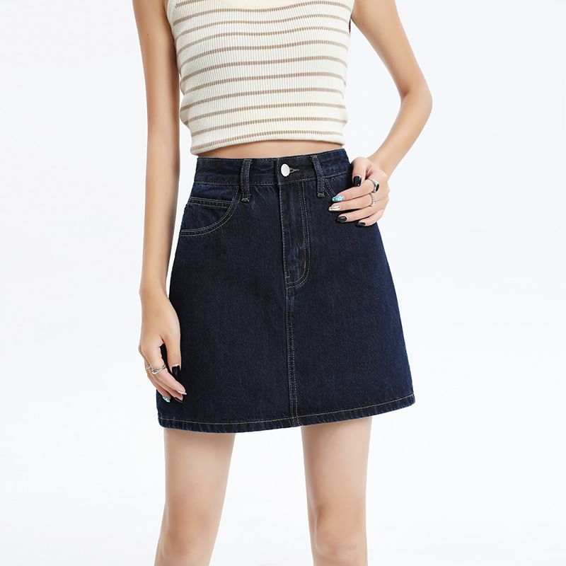 Denimot - Hoge taille gewassen mini A-lijn denim rok