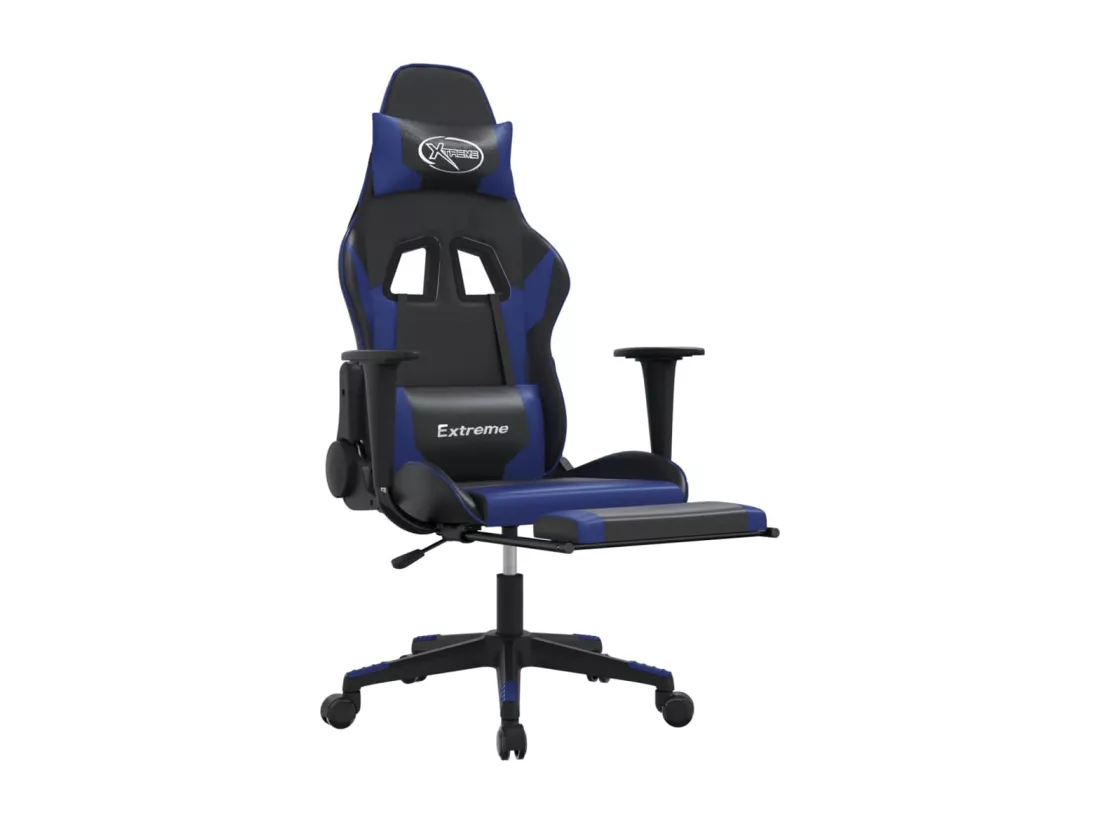 Chaise de jeu de massage et repose-pied Noir et bleu Similicuir