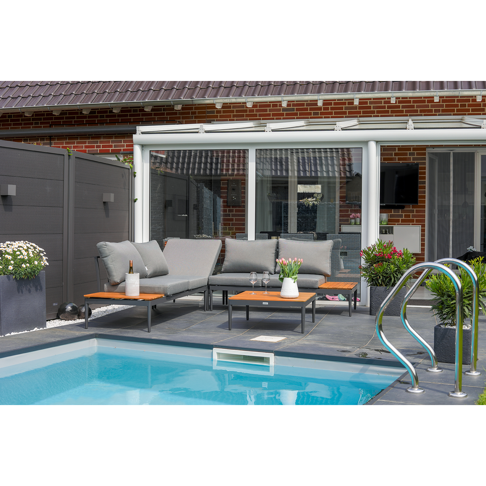 Lounge-Gartenmöbel-Set - teakfarben-grau - Akazie massiv