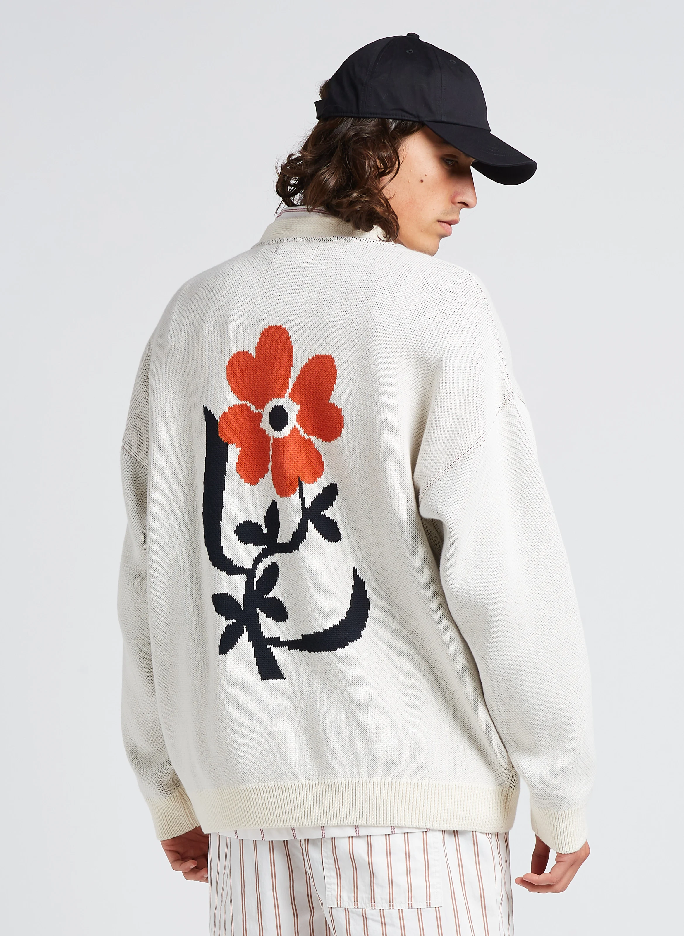 CAUDAN - Gilet col V loose-fit jacquard en coton bio | Blanc