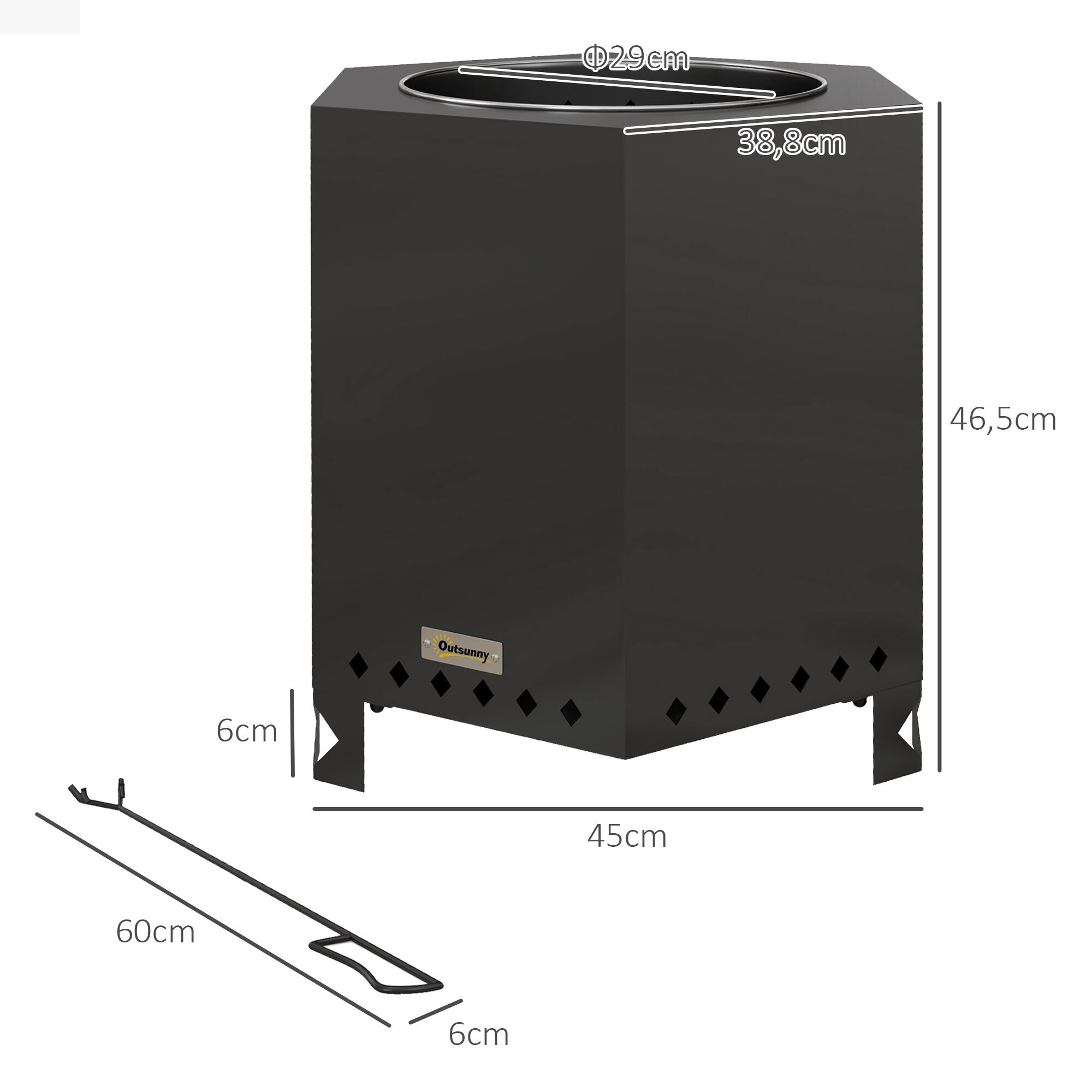Outsunny Feuerschale mit Schürhaken schwarz 45L x 38,8B x 46,5H cm
