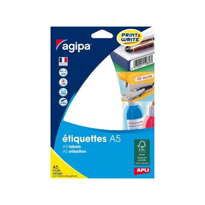 Apli Agipa - Etui A5 - 64 Étiquettes blanches multi-usages - 53 x 100 mm - coins droits - réf 100312