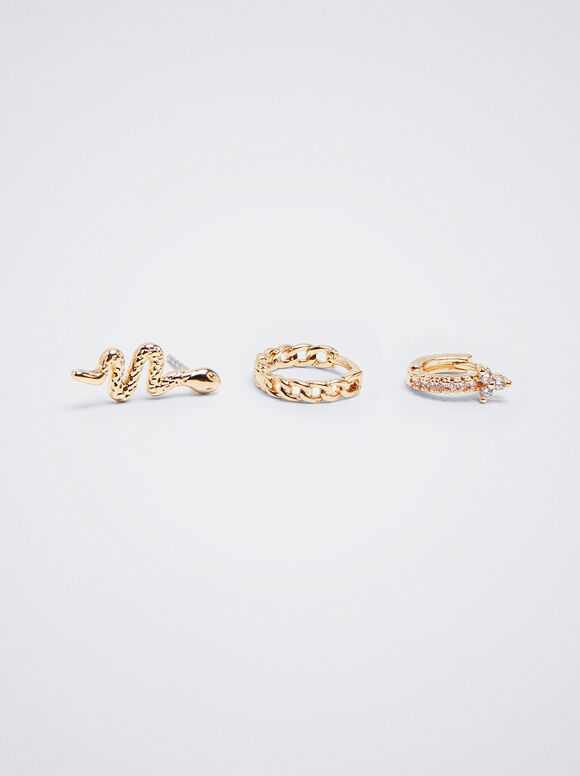 Conjunto de brincos de argola com design de cobra e zircônia cúbica - Multicor