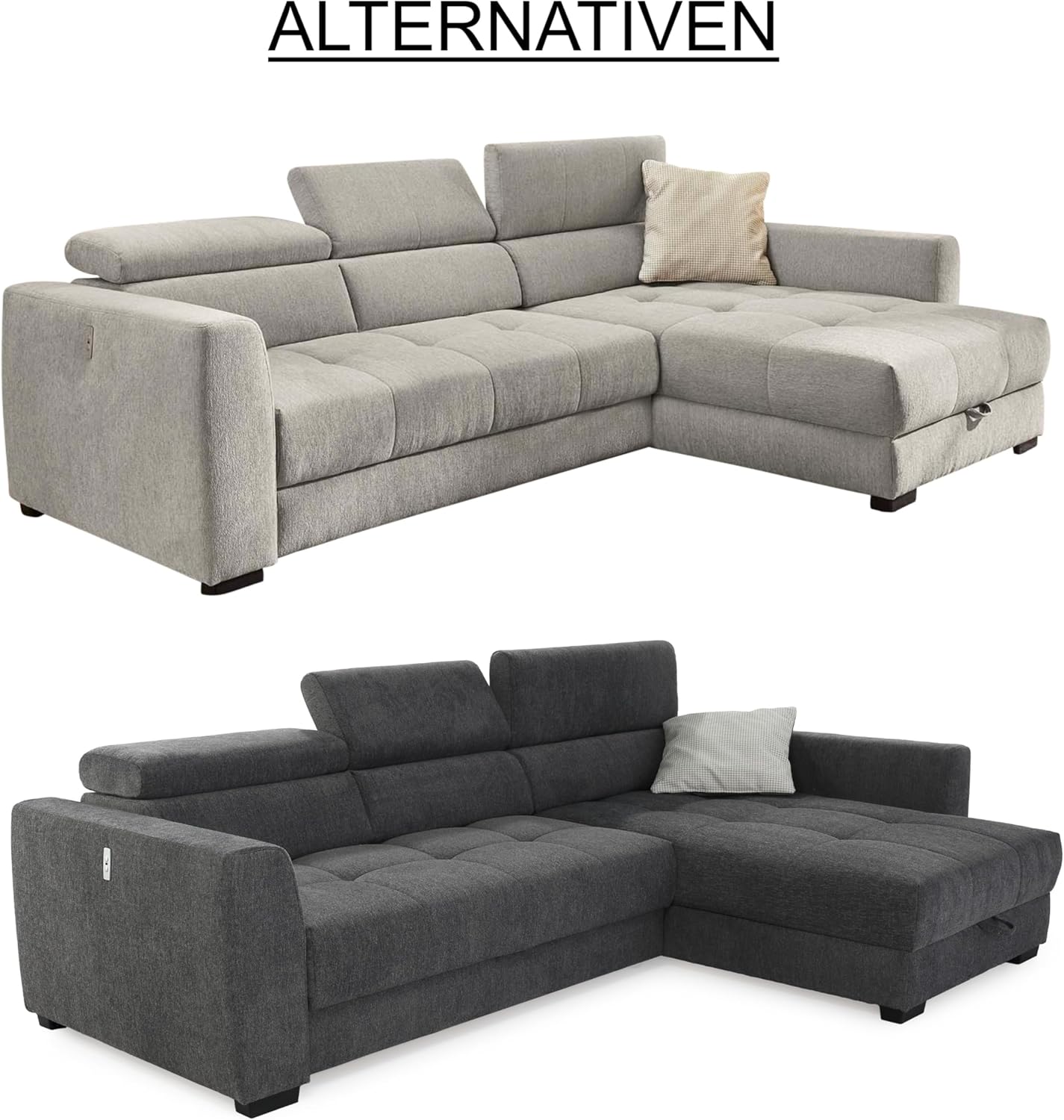 Ecksofa B300/T196/H103 cm mit elektrischer Sitztiefenverstellung, Kopflehnen höhenverstellbar, ausfahrbare Couch, USB Ladefunktion, Bettkasten, spiegelverkehrt montierbar, Chenille Dunkelgrau / 15409