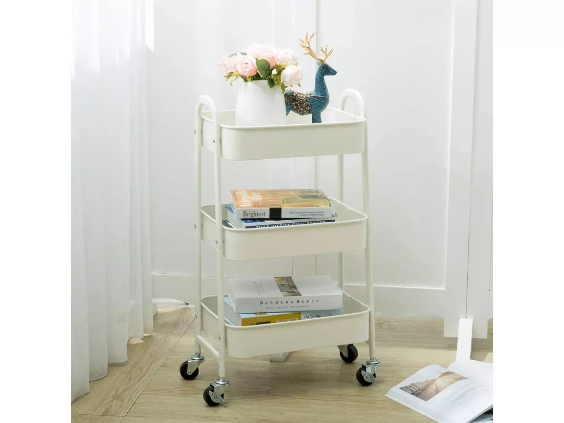 Chariot de cuisine Well Home blanc avec 3 paniers et roulettes H.79,5cm