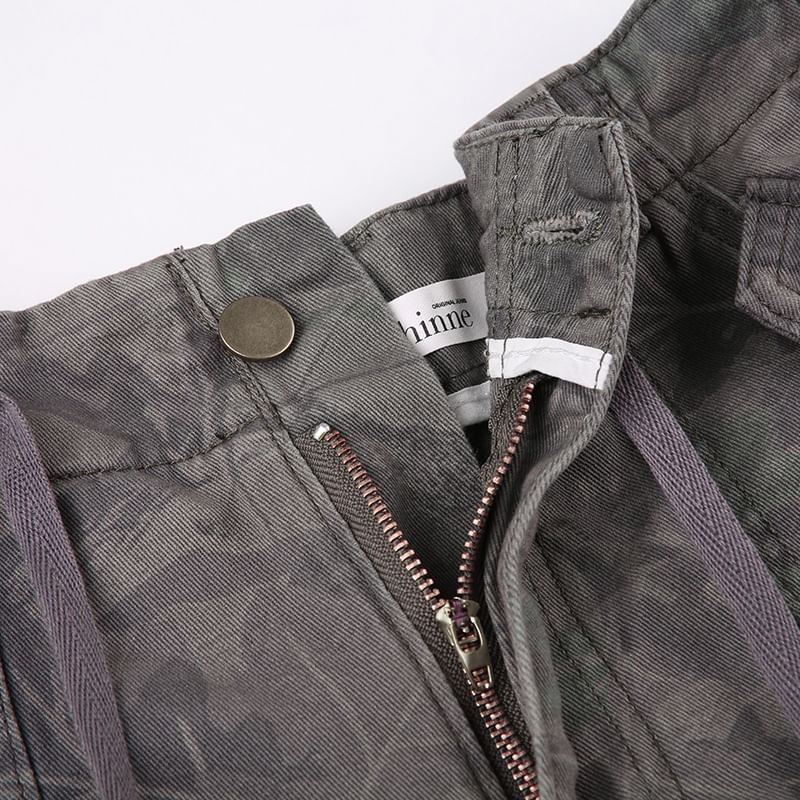 Puffie - Lage taille camouflageprint cargobroek met wijde pijpen