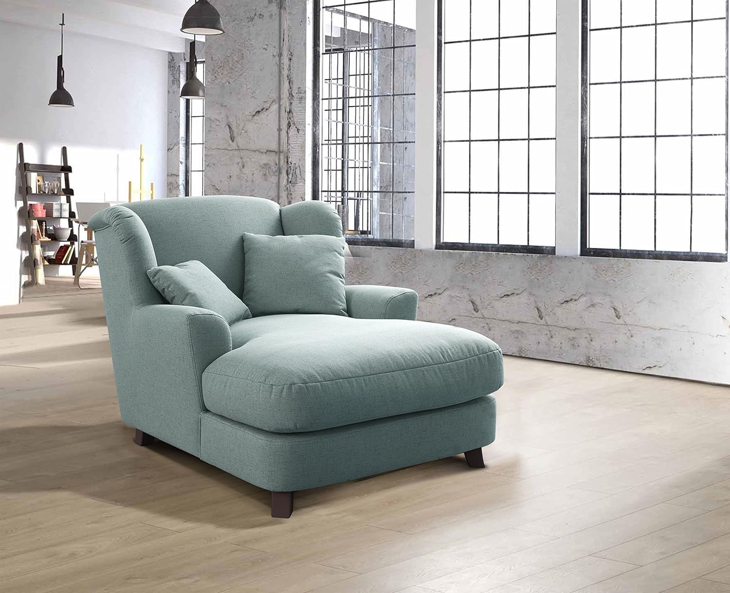 Cavadore XXL-Sessel Assado / Großer Polstersessel mit Holzfüßen und großer Sitzfläche / Inkl. 2 Zierkissen / 109 x 104 x 145 / Flachgewebe Blau (Aqua)