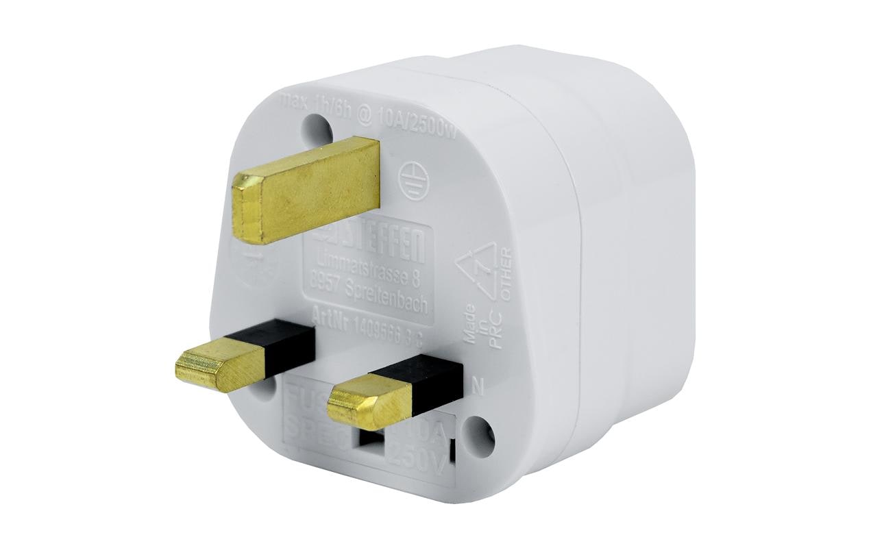 Reiseadapter CH – UK, WeissStromadapter mit Schweitzer T13-Steckdose und UK 3-Pol-Stecker Typ G mit Sicherung