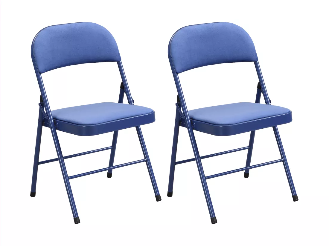 Lot de 2 chaises pliantes en velours et métal - Bleu - ORTENSIA