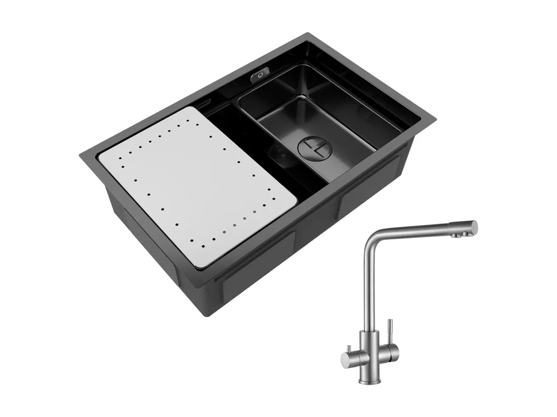 Évier Cuisine 1 Bac 70×44×21CM Évier Inox Noir avec Egouttoir et Vasque + Mitigeur Cuisine pour Sstème D'osmose
