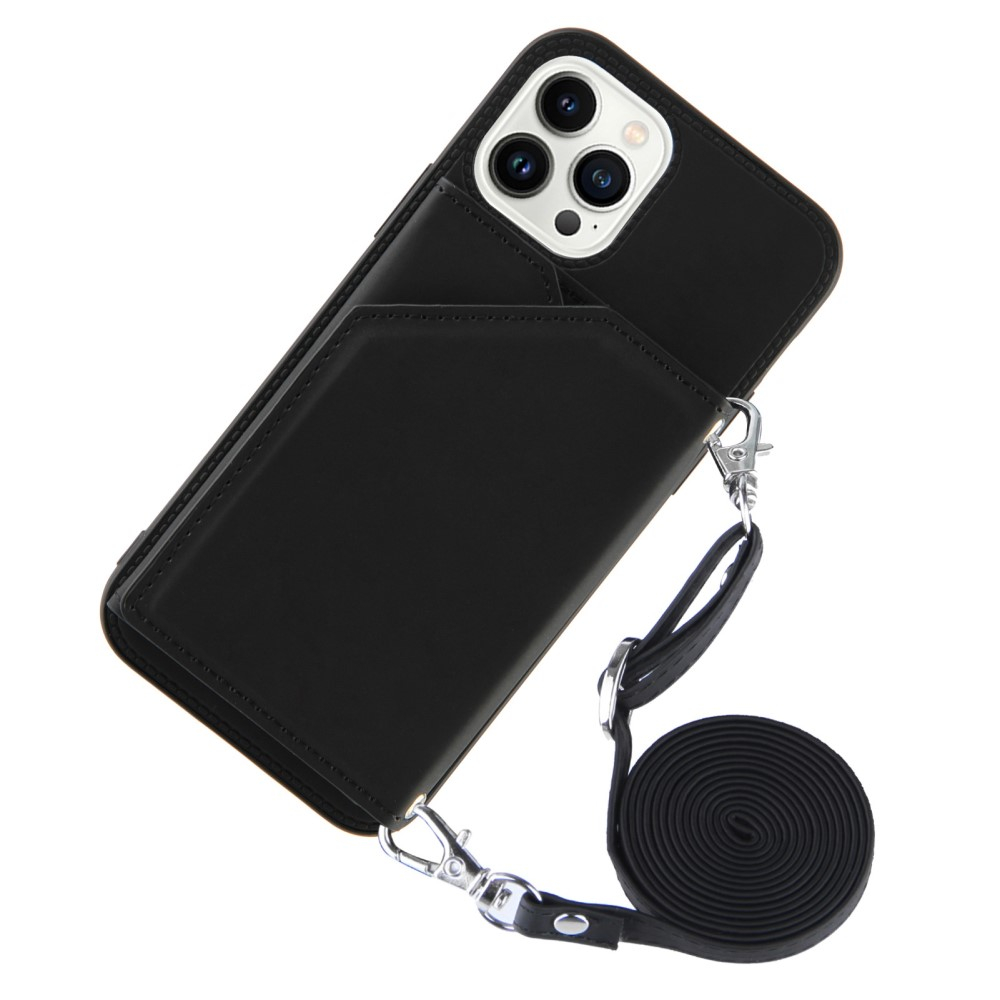 iPhone 15 Pro Necklace Leder Schutz Hülle mit Kartenfächer   Handykette (150cm) - Schwarz
