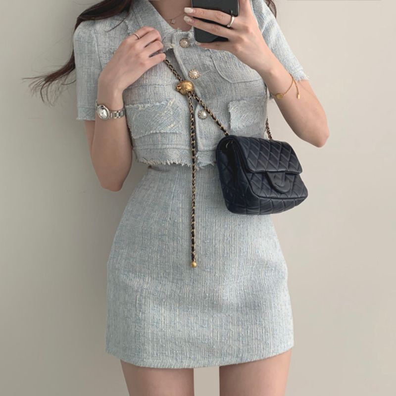 NENE - Tweed kort mouwen cropped jasje / mini kokerrok