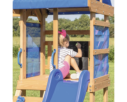 Speelhuis/Toren Achtertuin DISCOVERY 270 x 310 cm Hout Bruin, Blauw bestaande uit basistoren, schommel, glijbaan