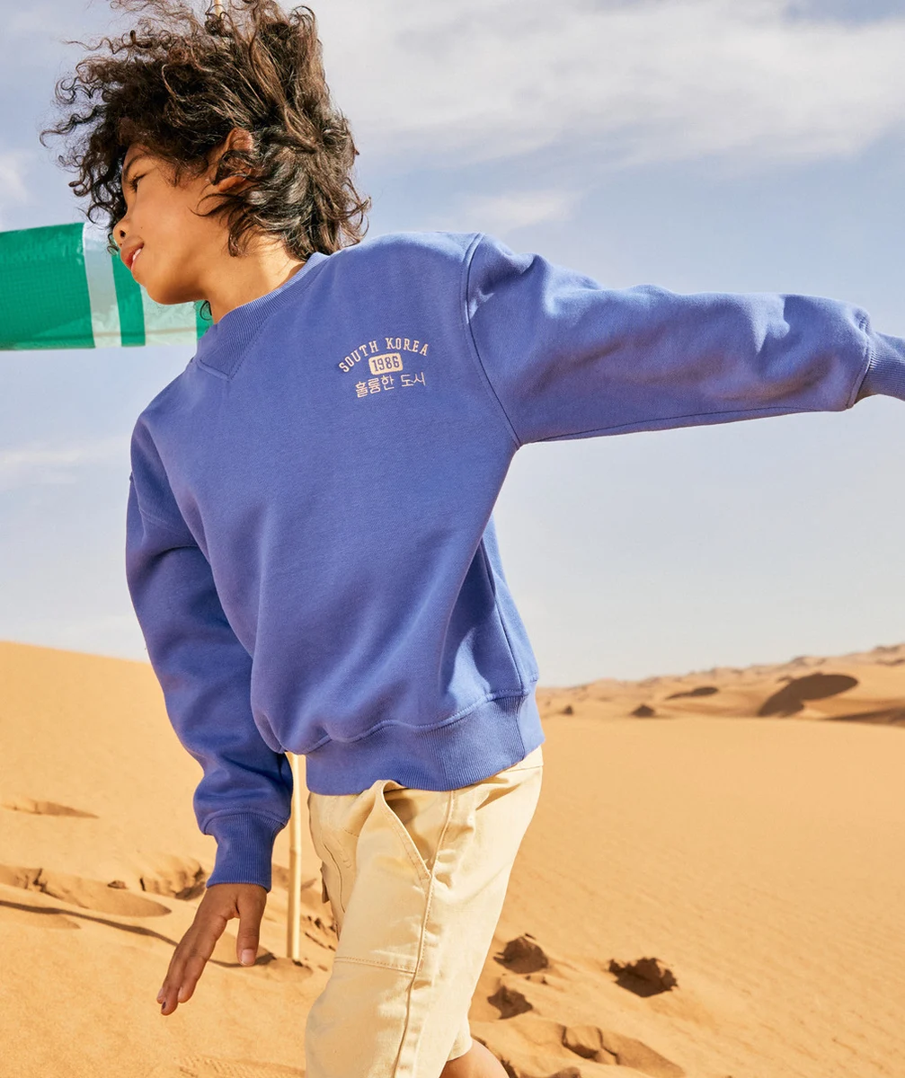 SWEAT GARÇON EN FIBRES RECYCLÉES VIOLET AVEC MOTIFS THÈME KOREA