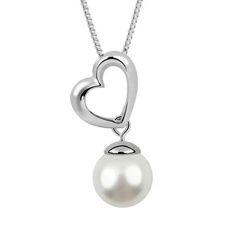 Collier Coeur Perle Blanche et Plaqué Rhodium