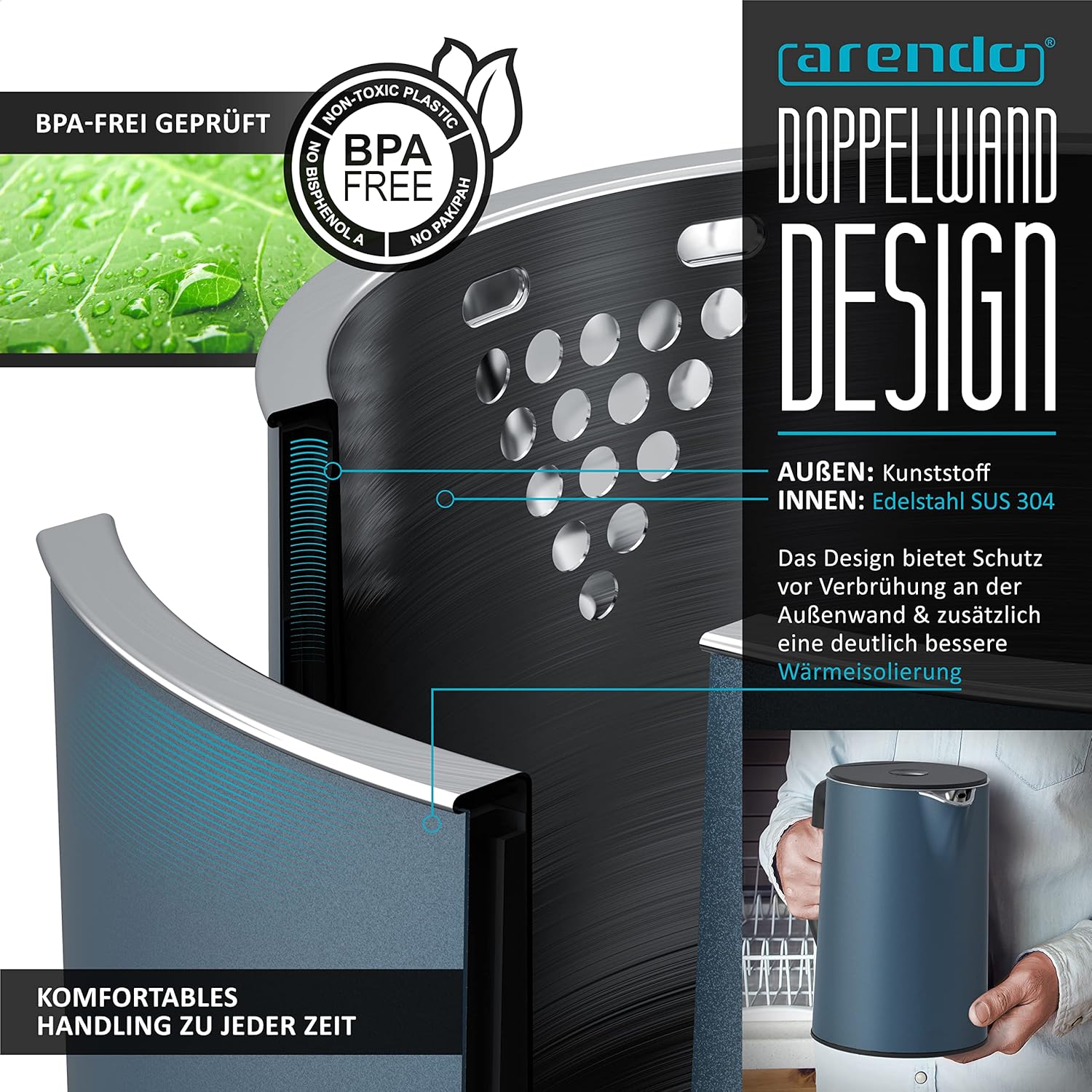 Arendo - Wasserkocher mit Toaster SET Edelstahl Blau, Wasserkocher 1,5L, 40° - 100°C Warmhaltefunktion Toaster 4 Scheiben LED-Display 6 Bräunungsgrade Brötchaufsatz