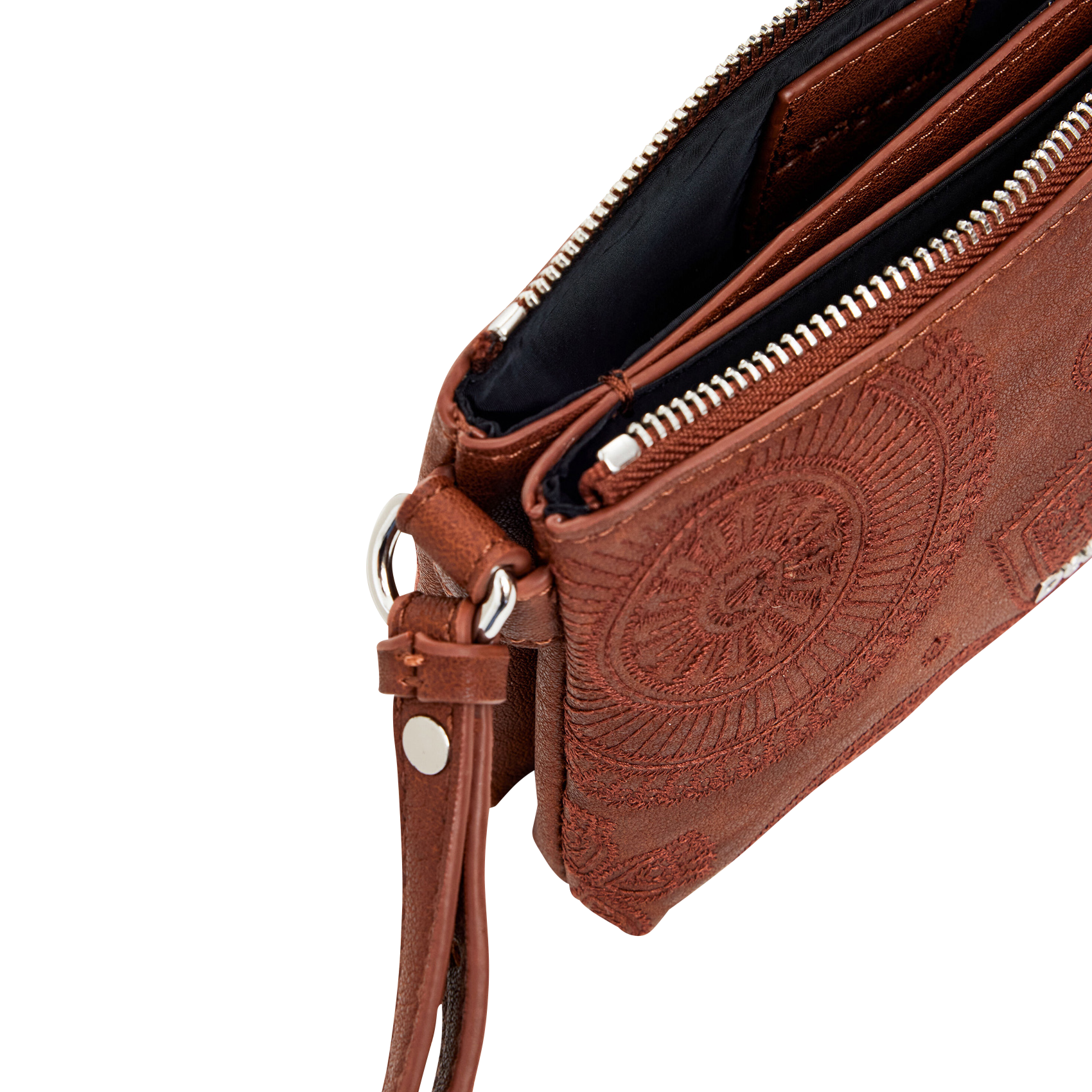 Sac bandoulière brodé effet cuir | Marron