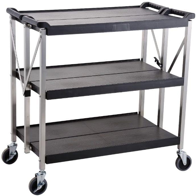 METRO Professional Servierwagen GFT1003, Rollwagen klappbar, 4 Räder mit 2 Bremsen, 3 Etagen, 50kg pro Ablage, schwarz