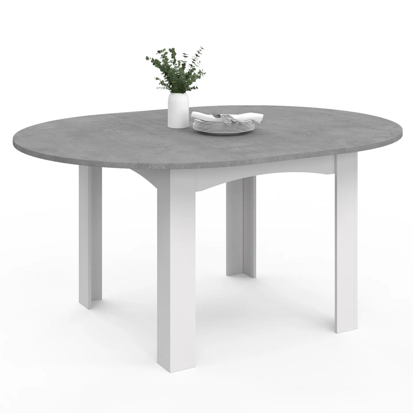 Table à manger extensible ronde DONA 4-8 personnes blanc plateau effet béton 110-150 cm