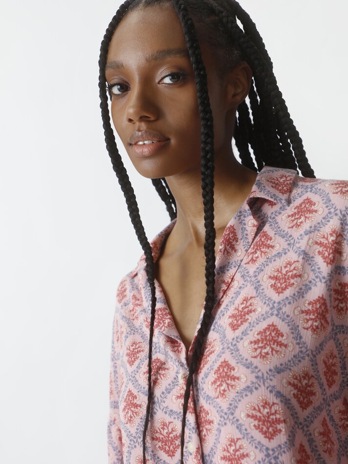 Camisa chambray cropped de manga curta - Rosa