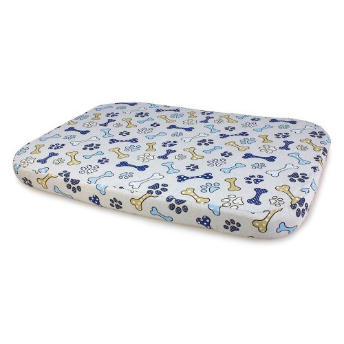 Tapete azul para cachorro com ossos e pegadas.