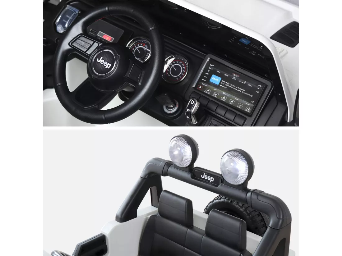 Voiture électrique 12V pour enfant - JEEP Wrangler Rubicon 2 roues motrices. blanche. 1 place. avec autoradio. télécommande. MP3. port USB / carte SD. prise jack et phares fonctionnels