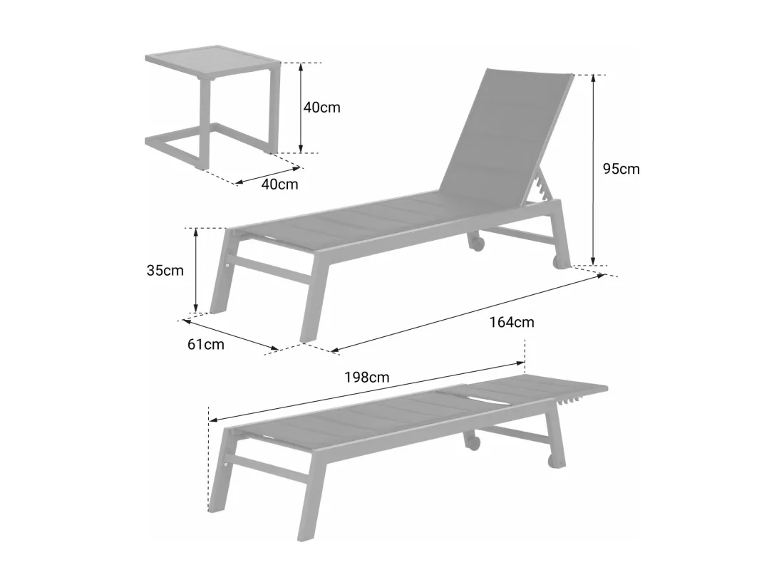 Set bain de soleil et table d'appoint BARBADOS en textilène noir - aluminium gris anthracite - HAPPY GARDEN