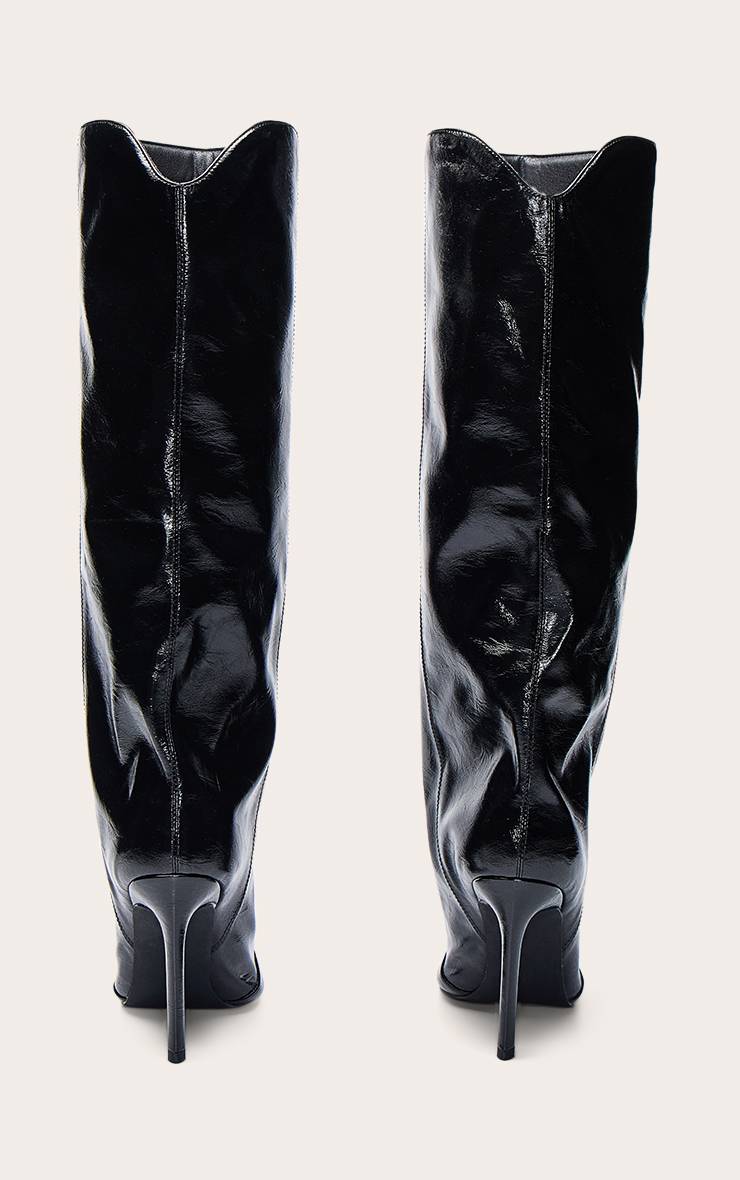 Noir Bottes Au Genou Froncées En Cuir Verni Froissé