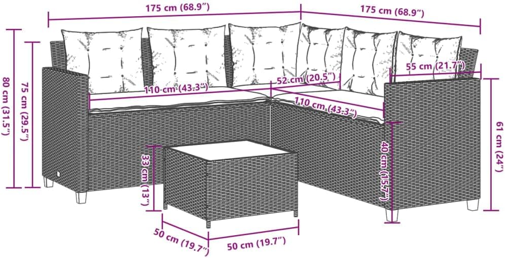 vidaXL Gartensofa in L-Form, Ecksofa mit Tisch Kissen, Lounge Set für Garten Terrasse, Sofa Garnitur Gartenmöbel, Beige Poly Rattan