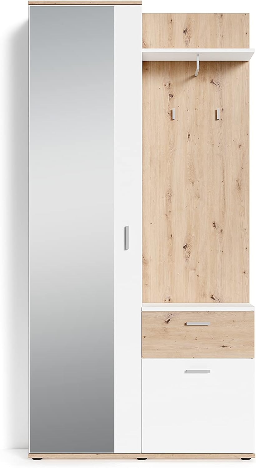 byLIVING Kompakt-Garderobe Jakob/Korpus in Artisan Eichen-Optik/Schubladen-Front in weiß/Garderobe mit großer Spiegeltür/Fest montiertes Set/Kommode/Schuh-Schrank/B 97, H 195, T 30 cm