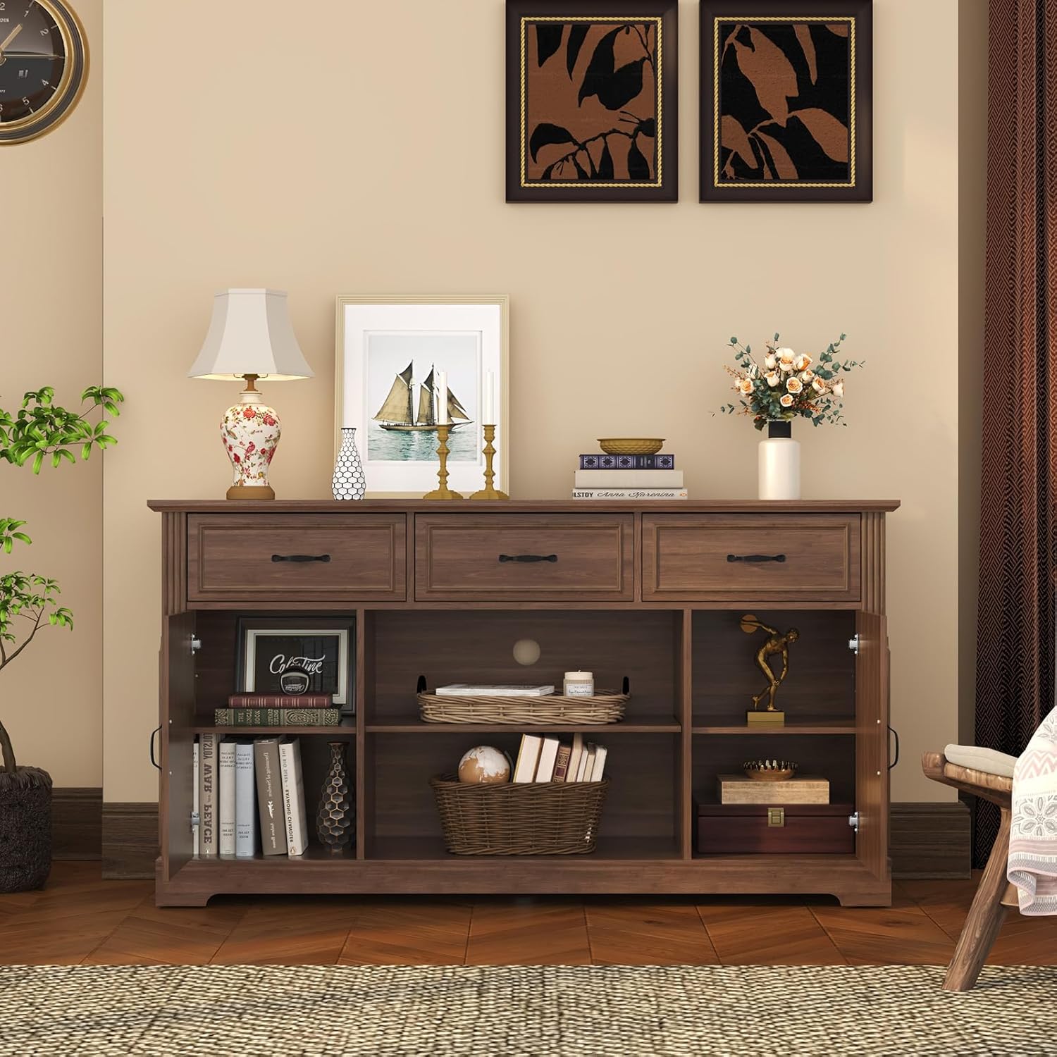 Fernsehschrank-TV-Schrank Holz Fernsehtisch Lowboard für Fernseher TV Cabinet Sideboard Fernseher für Wohnzimmer, Esszimmer, Schlafzimmer, Braun
