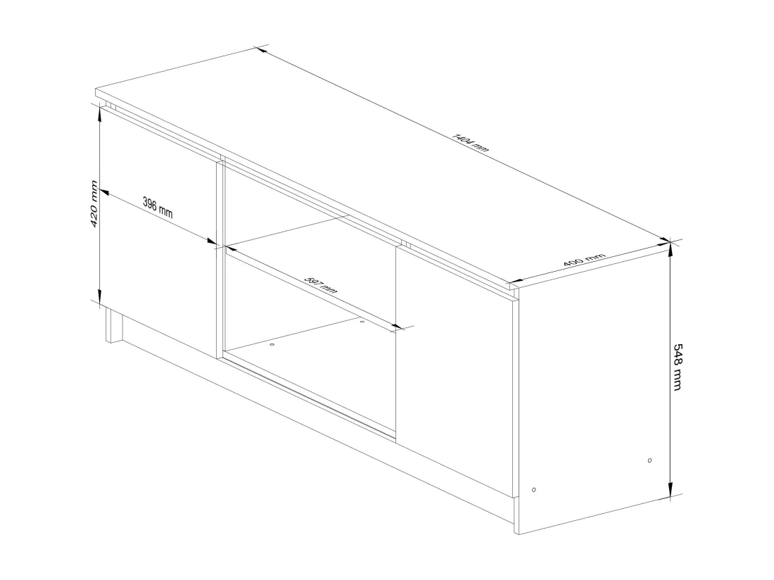 Meuble TV pour salon AKORD Chêne Sonoma 140 cm 2 portes façade Blanche 2 étagères 140x40x55 cm