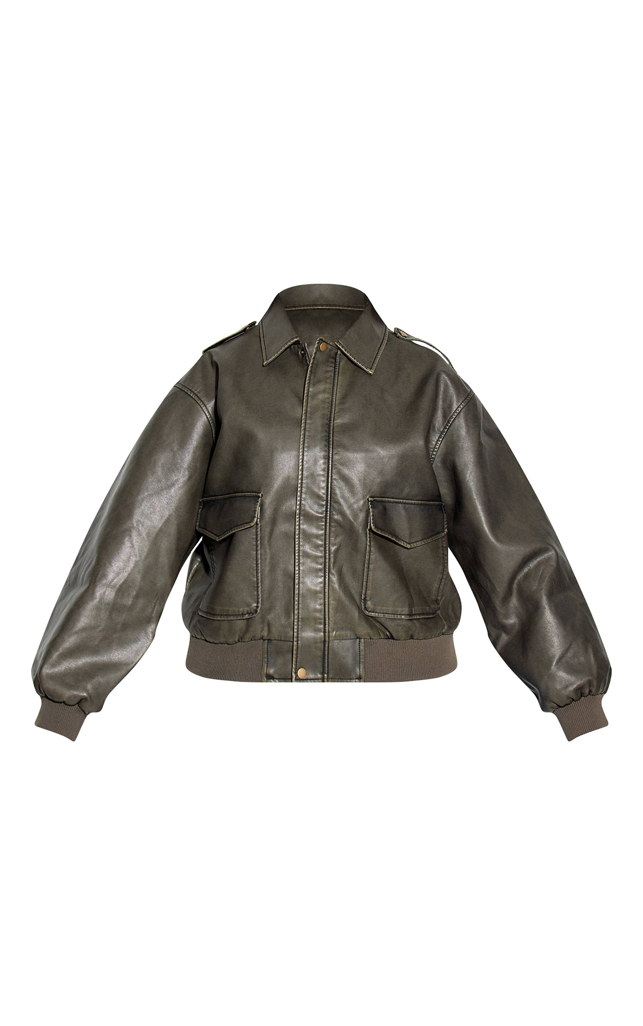 Marron Blouson Aviateur Grande Taille En Synthétiquecuir Effet Lavé Avec Poches Détaillées