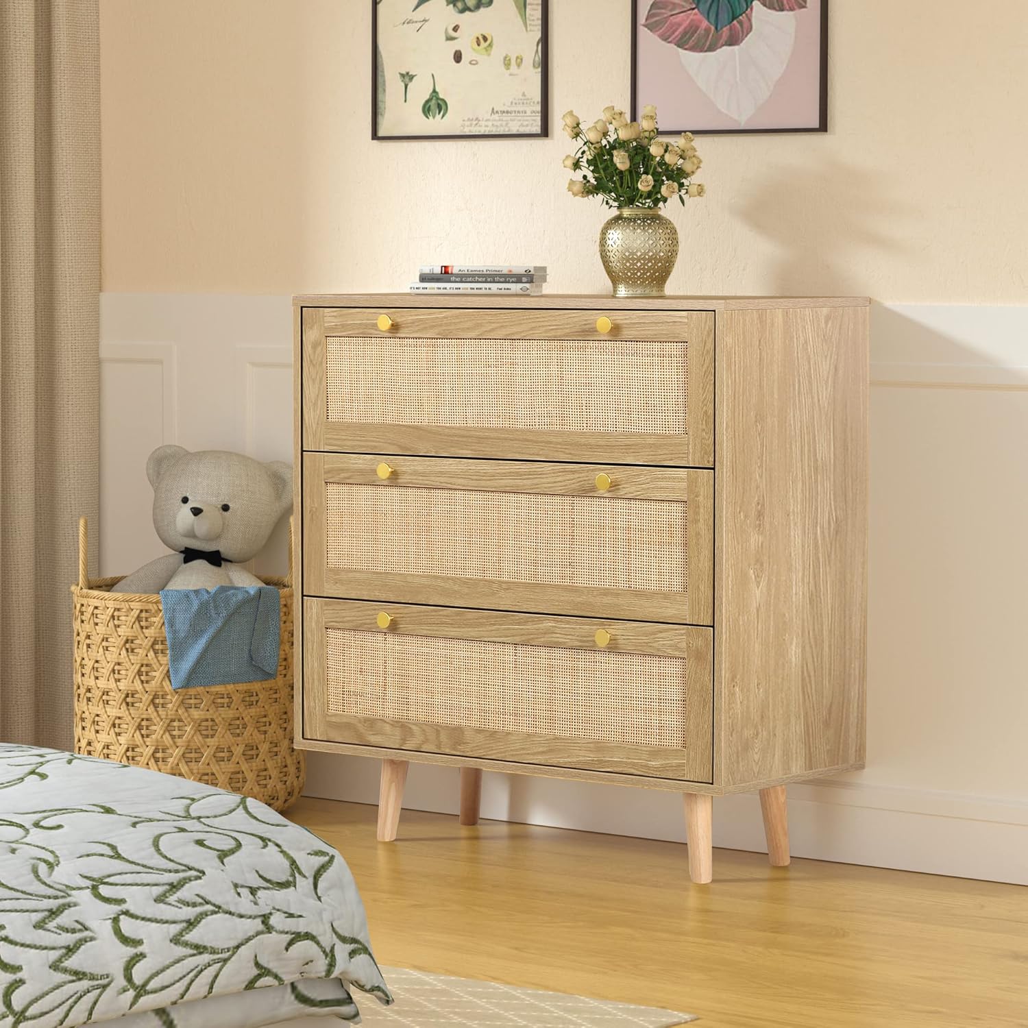 Natürliches Rattan Kommode Schlafzimmer, Kommode mit 3 Schubladen Eiche, Viel Stauraum, Holz Schubladenkommode für Schlafzimmer Wohnzimmer Flur Komodenschrank 80 x 40 x 91.4 cm
