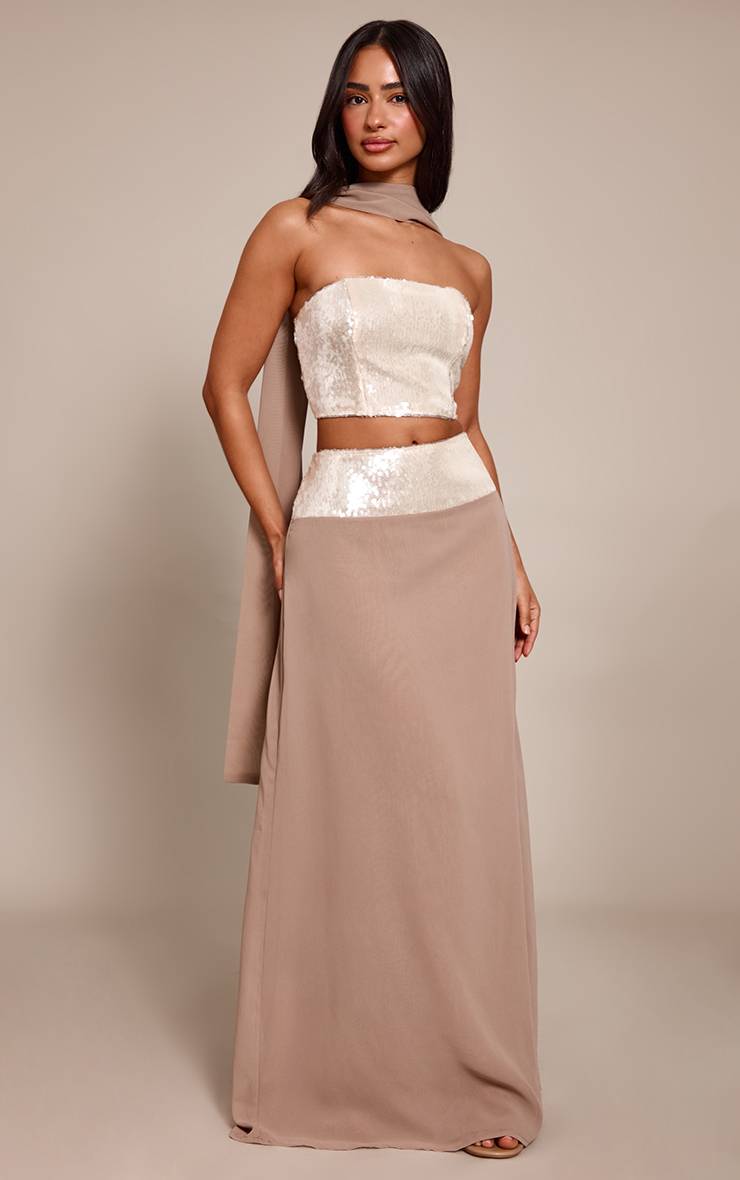 Champagne Jupe Longue Taille Petite Avec Ceinture À Sequins