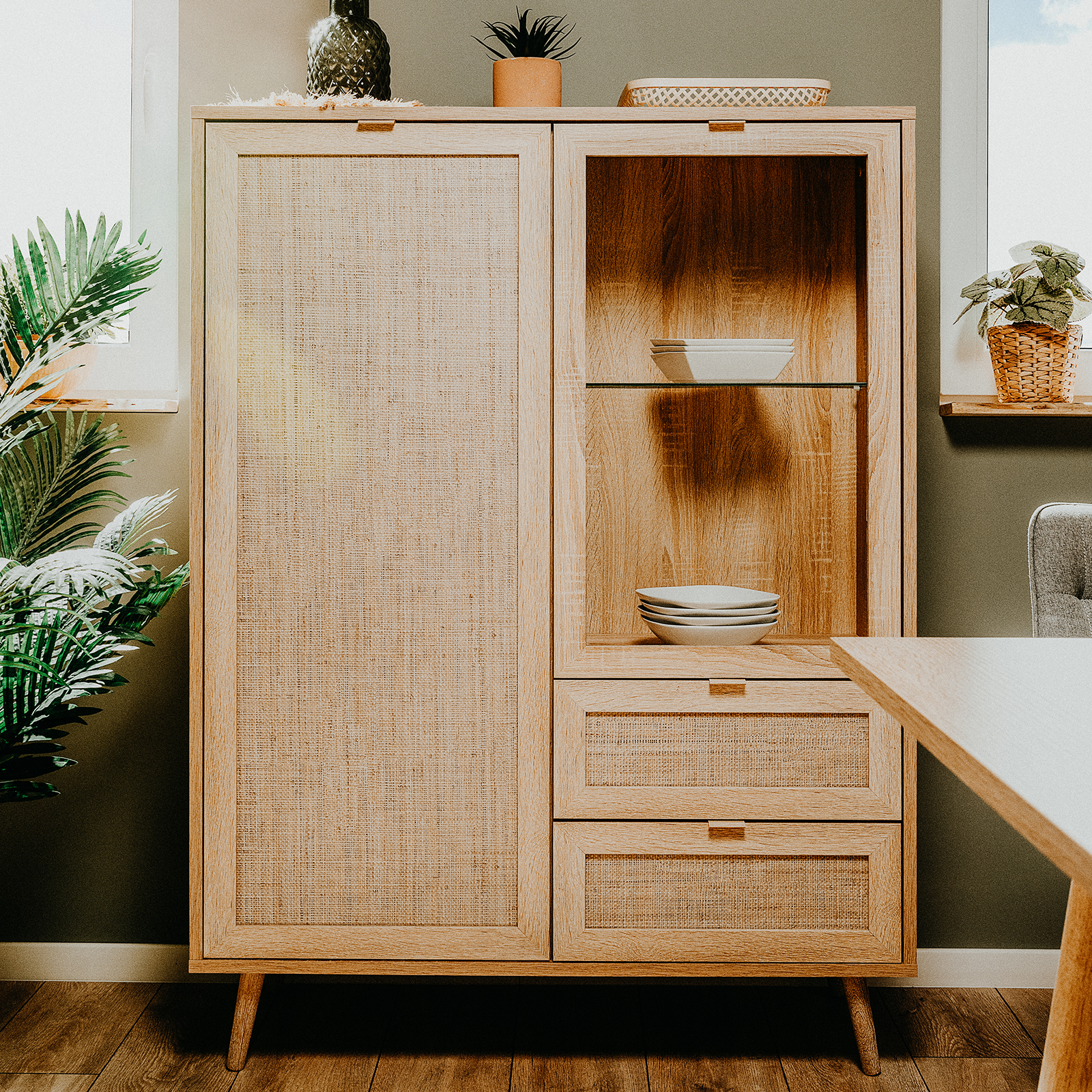 Highboardvitrine BALI - Sonoma Eiche-Rafia geflecht - 101 cm breit