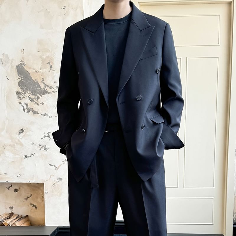 Orungeetun - Reverskraag Effen Dubbelrijs Blazer / Mid Rise Effen Wijde Broek