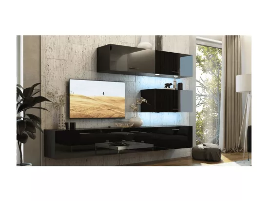 Ensemble de meubles de salon noir, suspendus collection CEPTO XXV. 249cm, 6 meubles, leds, modulables.