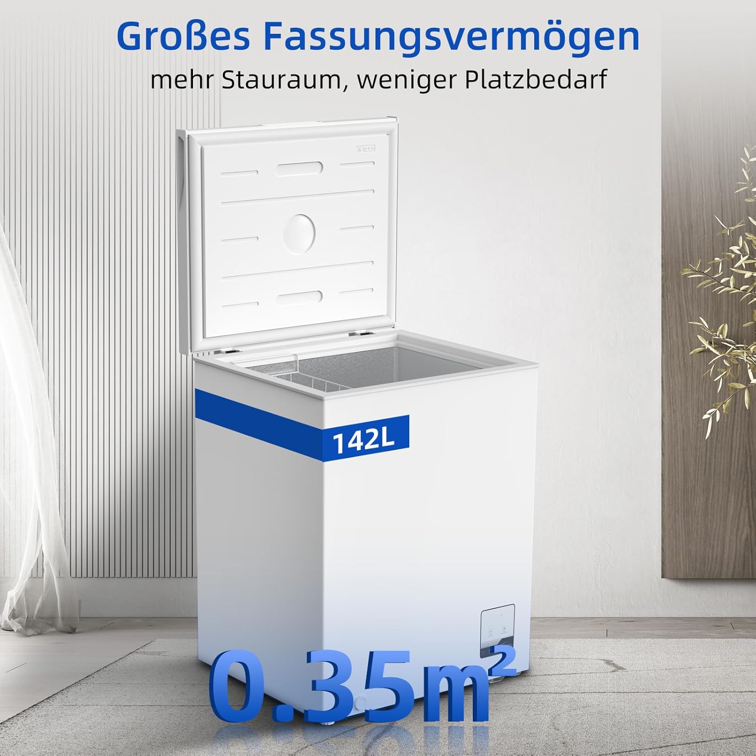 CHiQ Gefriertruhe FCF142DE,142 L Gefrierschrank, EEK E, 4 Sterne Gefrierfach, 83,5 cm hoch, Einstellbarer Temperaturregler, Starke Gefrierleistung, ßWeiß