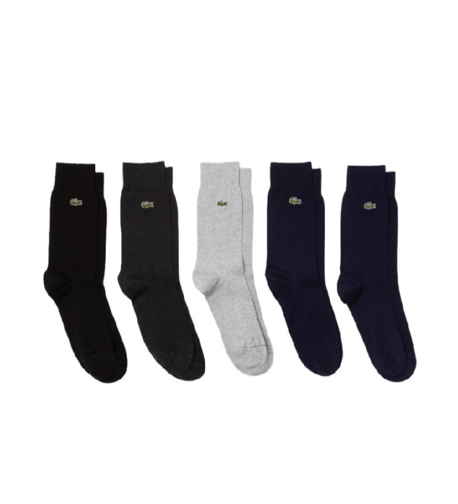 Pacote com 5 pares de meias Lacoste Stretch nas cores preto, cinza e azul-marinho.