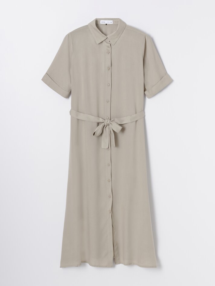 Vestido midi com cinto combinando - Bege