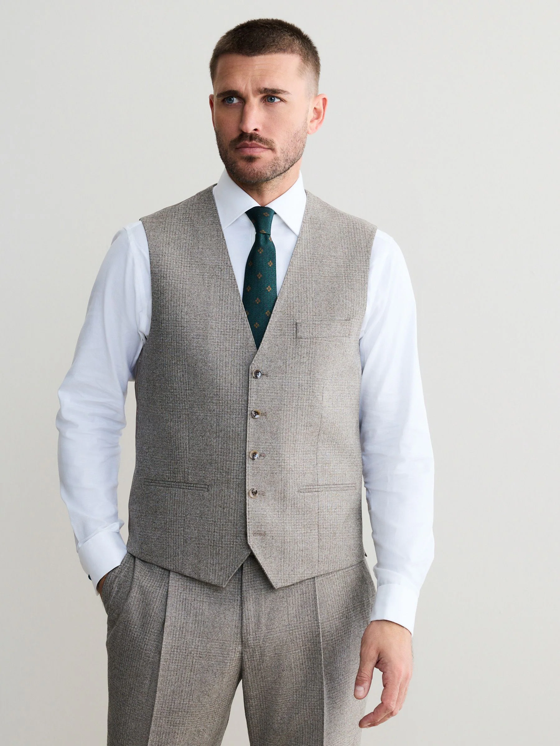 Neutraal - Signature Marzotto 100% Italiaans wollen Pak met ruitpatroon: gilet