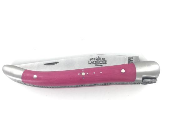 Laguiole 9 cm - 2 mitres - Tissu Compressé Rose Couteau de Poche Forge de Laguiole