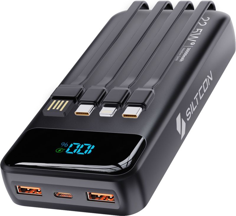 Siltcon Powerbank 30000 mAh – Snelladen & Ingebouwde Kabels