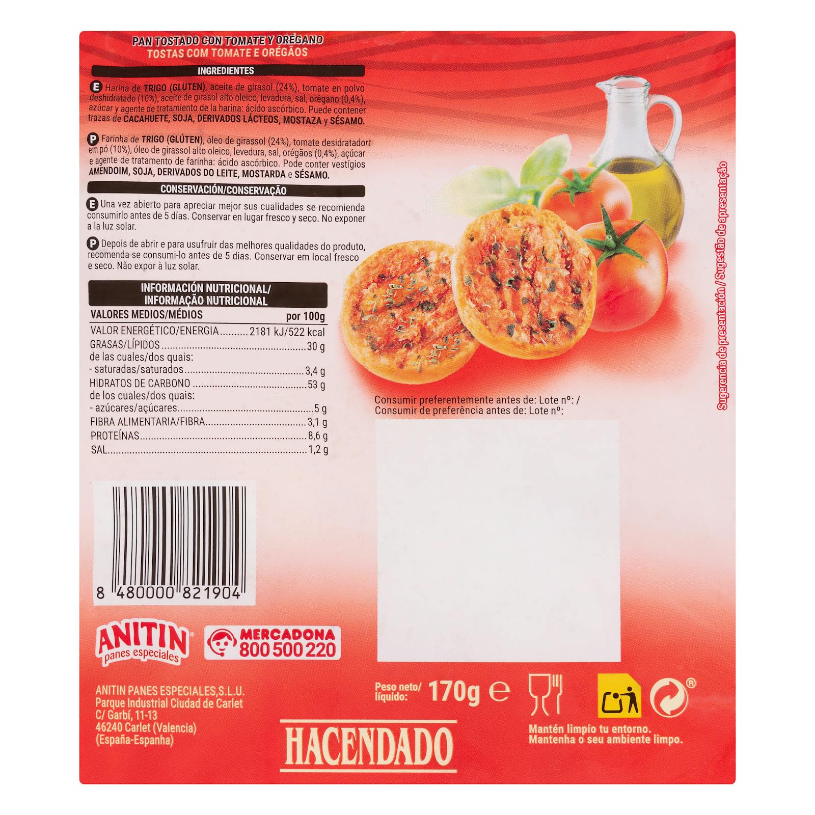 Pain grillé à la tomate Hacendado