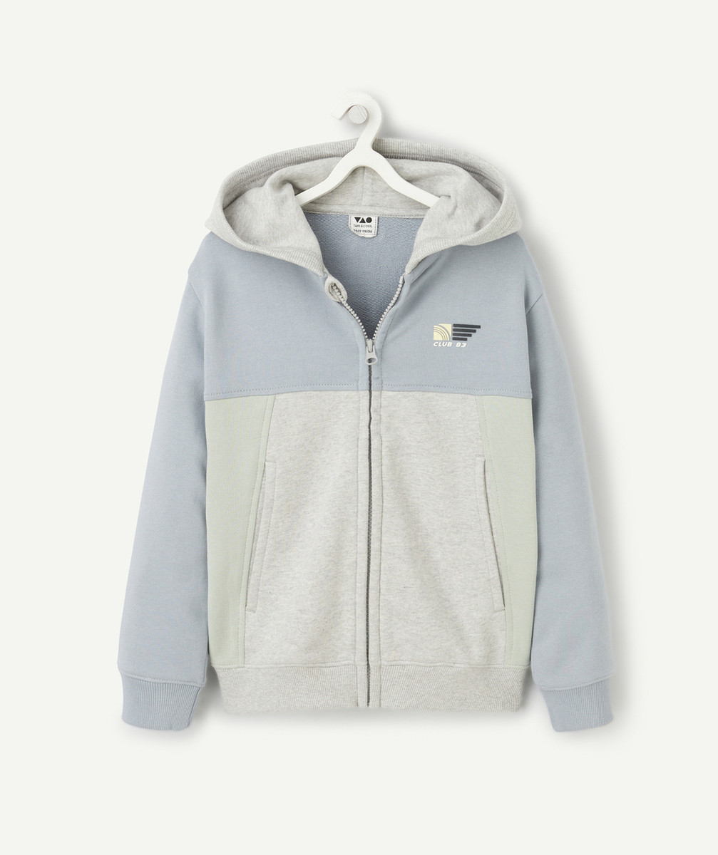 GILET À CAPUCHE GARÇON EN COTON BIO GRIS VERT ET BLEU THÈME SPORT