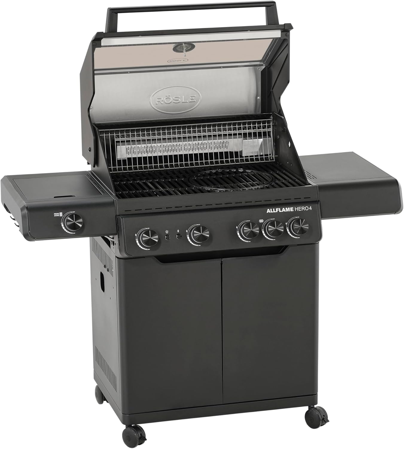 RÖSLE Gasgrill ALLFLAME Hero 4 – 4 Brenner (je 3,5 kW), PRIMEZONE, BACKBURNER, 70x45 cm Grillfläche, Gusseisenroste, Alu-Druckguss, Deckel mit Glaseinsatz, beleuchtete Drehknöpfe, schwarz